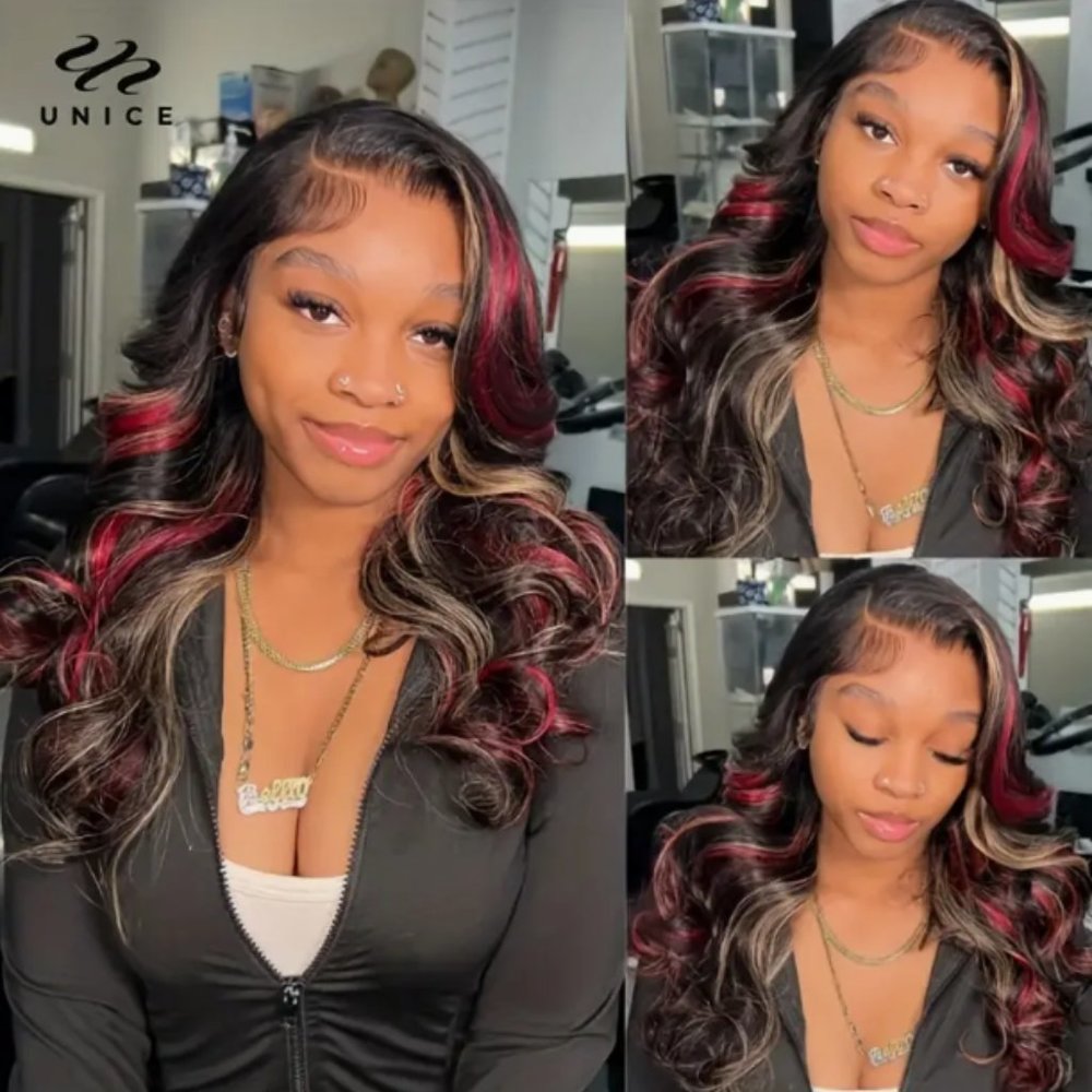 UNice Burgundy With Blonde Highlights Loose Wave 13x4 Lace Front Wigs Human Hair